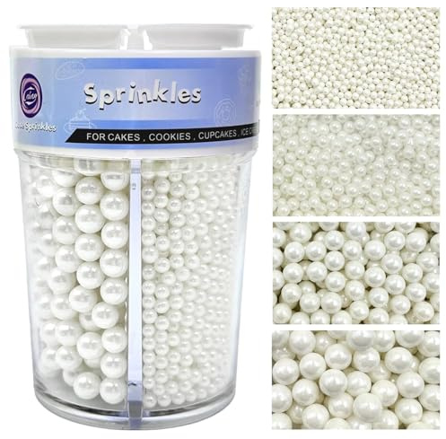 Perles Comestible de Sucre Blanc (130g) - Perlé Sucre en 4 Tailles pour desserts perlé Décoration, Cupcakes, Gâteaux, et Biscuits - Pour Mariages et décoration de gâteaux au quotidien