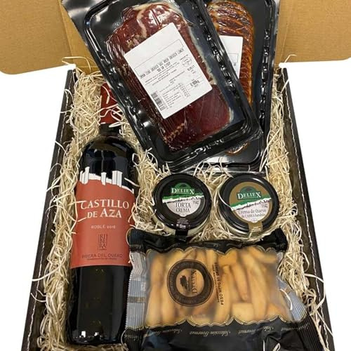 Deliex - Cesta gourmet para regalar con vino Castillo de Aza, ibéricos, quesos y picos de pan