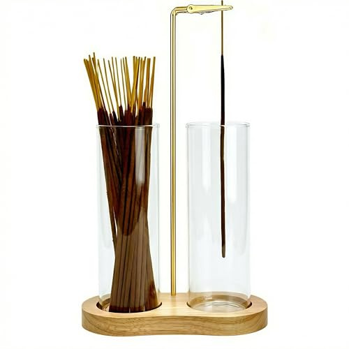 Moocervi Porte-encens en verre avec rangement, porte-encens à suspendre à l'envers avec récupérateur de cendres en verre pour méditation, yoga, spa, décoration de chambre (naturel)