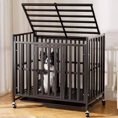 Hundetransportbox Hundebox Auto 2/3 Türen Moderne Hundekäfig Indoor for Kleine/mittlere Hunde Edelstahl-Vierkantrohr Lenkrollen Mit Bremse und Ablage(96 * 63 * 86cm)
