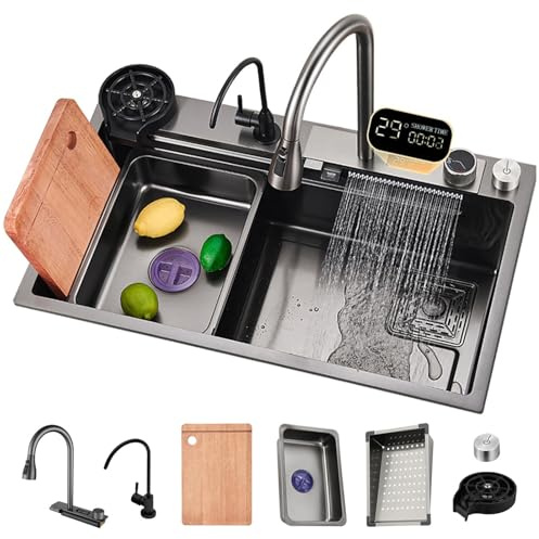 Stor 80 cm nano-belagd svart grå rostfritt stål diskbänk – modern djup arbetsstation handfat med utdragbar kran glasbricka och tillbehör för hemmakök (B 65 x 50 cm)