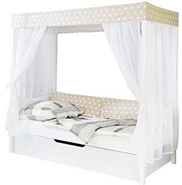 TiCAA Kinderbett Himmelbett mit Schubkasten 90x200 cm, für Jungen & Mädchen, inkl. Vorhangstoff, Montessori Bett weiß aus Kiefer Massivholz