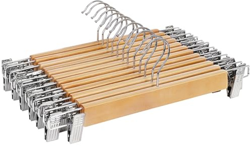 SONGMICS – Legno Pantaloni grucce Appendiabiti 12 Pezzi con Clip in Metallo, Perfetto per gonne Pantaloni Slacks Naturale Grano UCRW008 – 12