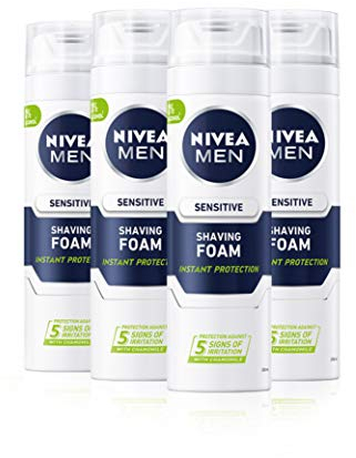 NIVEA Schiuma da barba sensibile da uomo, confezione da 4 (4 x 200 ml) Sensibile per la pelle di rasatura, gel da barba per uomo, gel da barba per pelli irritate e secche con amelide