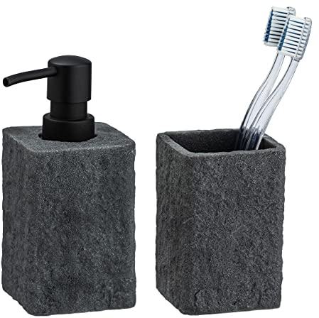 WENKO Bad Accessoire Set Villata, 2-teilig, nachfüllbarer Seifenspender, 7 x 15 x 7 cm, Füllmenge 300 ml, edler Zahnputzbecher, 7,5 x 11 x 7,5 cm, Naturstein-Optik aus hochwertigem Polyresin in Grau
