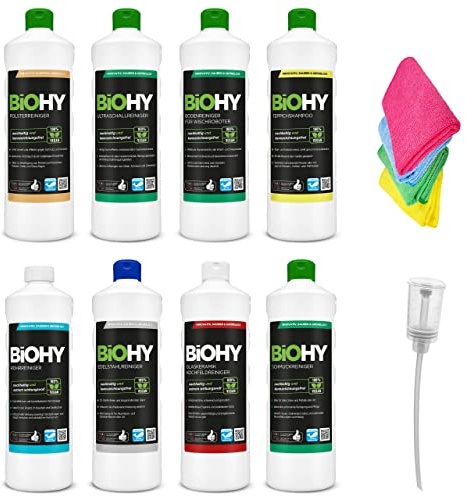 BiOHY Kit de nettoyage combiné avec doseur et 4 chiffons en microfibre (8 x 1 l) | Pour tous les domaines d'application | Puissant et efficace | Nettoyant 100 % végétalien sans microplastique nocif