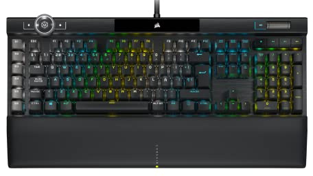 Corsair K100 RGB Clavier optique-mécanique pour jeux (interrupteurs de touches optiques mécaniques OPX RGB, repose-poignet magnétique et amovible en similicuir, touches en polycarbonate) Noir