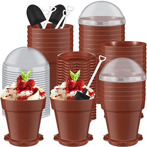 Honeydak 100 Pack Flowerpot Dessert Cup Plastic Cake Cups with Lid Shovel Spoon Bottom Tray Small Flower Pot Dessert Ice Cream Yogurt Containers Holder for Ice Cream Pudding Mousse DIY Baking