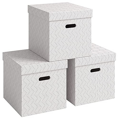 VON Leitz 3er Set Aufbewahrungsbox mit Deckel, 29 L, Groß, 100 % Recyclingkarton, Geometrisches Design, Für Schule, Studium und Haushalt, Weiß, 3 Stück, 61430001