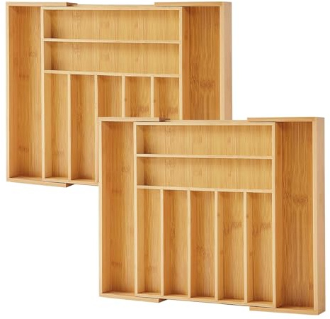 Purawood 2 PACK - - Large Premium Bamboo Silverware Organizer - Expandable Kitchen Drawer Organizer and Utensil Organizer, 17.5 x 19.75 Cutlery Tray with Drawer Dividers for Kitchen Utensils and