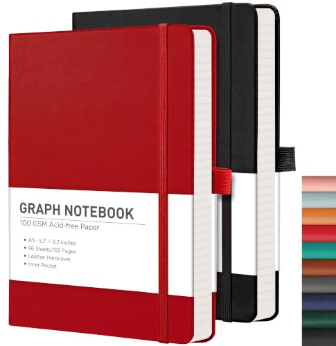 RETTACY Kariertes Notizbuch A5, 384 Seiten, kariert, mit 100 g/m² kariertem Papier, Stifthalter, Innentasche, für Büro, Schule, Arbeit, Damen, Herren, Arbeit, 14,5 x 21 cm, Schwarz / Rot