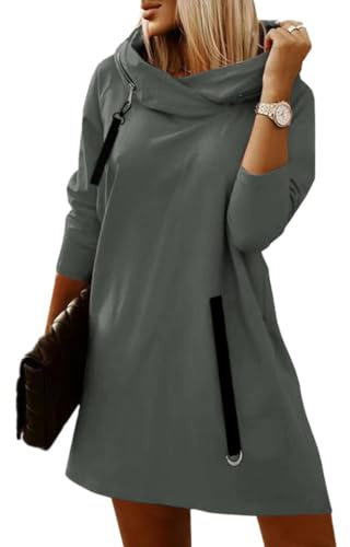 ORANDESIGNE Vestito Felpa Donna con Cappuccio e Zip Invernale Abito Maglione Corto Pullover Elegante Maglietta Maniche Lunghe Curvy Vestitino Moda Casual Crewneck Sweatshirt Grigio XXL