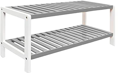 1ABOVE Bamboo Shoe Rack, Plant Rack, Perfect for Corridor, Living Room, Bathroom, Bedroom, Hallway or Small spaces-Parent. (Grey & White, 2 Tier)