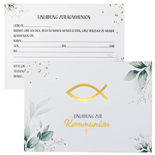 BETESSIN 12 x Einladungskarten zur Kommunion Din-A6 Karten mit Elegantes Blättermotiv und Umschlägen für Einladungen zur Erstkommunion Jungen und Mädchen Sakrament Dekoration usw.