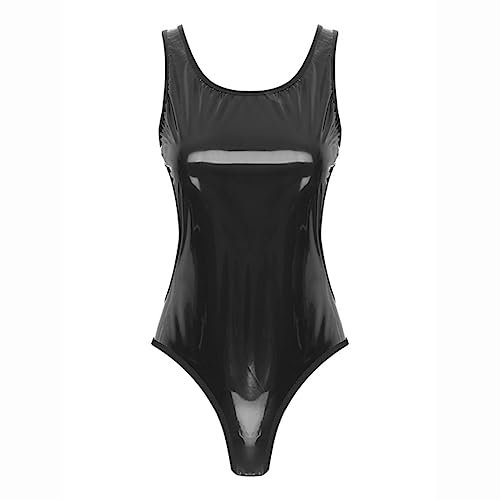 WEITING Einteiliger Damen-Badeanzug, Pool-Party, Bademode, Wet-Look, Lackleder, Pole Dance, Body, offener Rücken, U-Ausschnitt, ärmellos, Catsuit, Schwarz, Größe XXL