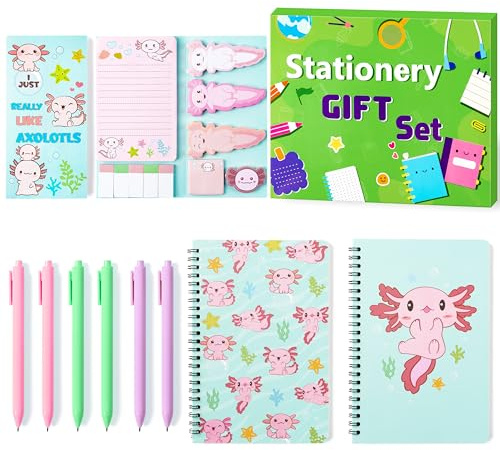 Xqumoi Axolotl Haftnotizen A5 Notizbücher Stifte Schreibwaren Set – Axolotl Selbstklebende Notizblöcke 2 Pack Spiralnotizbücher Schwarz Gel Kugelschreiber Schule Bürobedarf Lehrer Wertschätzung