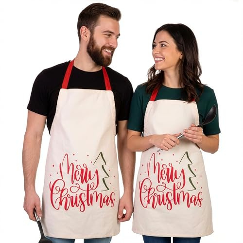 Brubaker Grembiule Merry Christmas - Grembiule da Cucina - Grembiule da Cucina Unisex per Uomo e Donna - Grembiule Natalizio Taglia Unica - Bianco Rosso Verde con Albero di Natale - Cotone