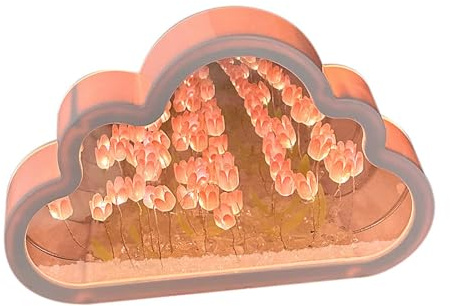 Garosa DIY Tulpe Nachtlicht - Wolkenspiegel mit Rosa Blumen, mit Eingebauten Batterien, Tulpenlampe für Freunde und Freundinnen zum Geburtstag