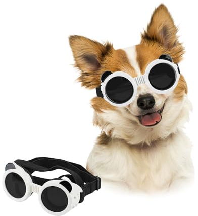 PETLESO Panda Form Haustier Schutzbrille Verstellbare Hundesonnenbrille UV-Schutz Winddicht staubdicht für kleine Hunde-weiß