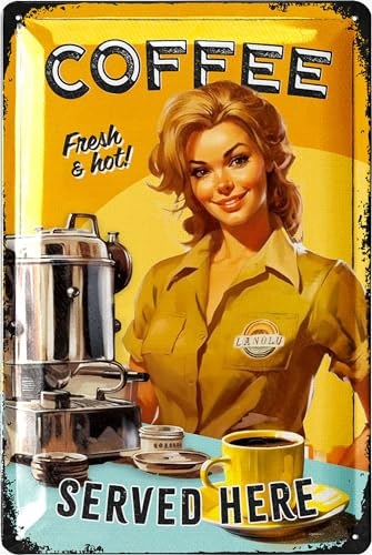 LANOLU Vintage Metal Coffee Sign - FRESH & HOT COFFEE - Coffee pictures for coffee Bar, Funny Coffee Signs for Kitchen, metal decor signs, metal kitchen signs wall decor, metal signs vintage 12x8