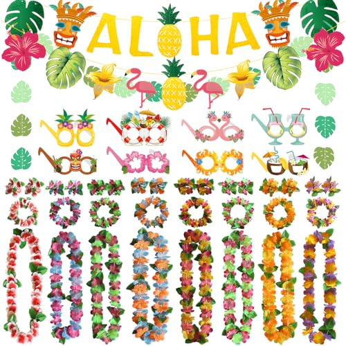 Hawaii Party Deko, Aloha Party Banner Dekorationen, Hawaii Leis, Sommerfest Fotorequisiten, Sommer Beach Accessoires für Karneval Fasching Ball Geburtstag Hawaiian Tropische