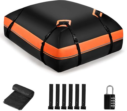 Krovtoy Car Roof Bag, 425L Folding Waterproof Roof Bag, with 840D Three-Layer Waterproof Solid PVC, 1 Roof Bag, 1 Non-Slip Mat, 6 Door Hooks, 1 Combination Lock，for Cars with/Without Rack（425L/ 840D)