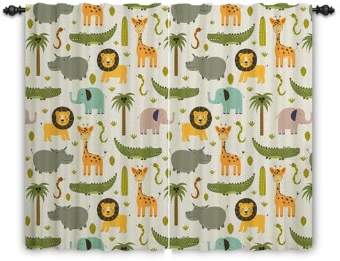 ggaimwf Safari-Vorhänge für das Kinderzimmer Cartoon Tier Dschungel Wald Giraffe Löwe Vorhang Kinderzimmer Bleistiftfalte Gemusterte Vorhänge Raumteiler Baby Spielzimmertür 2 Paneele 107x160cm