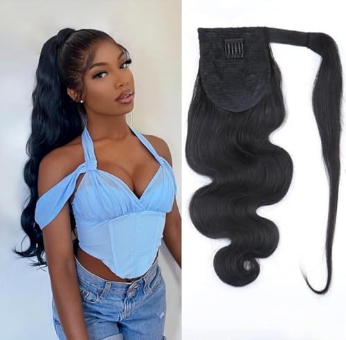 Unipearl Gewellte Echthaar Ponytail Extensions 50cm 20 Zoll 120g, Natürliches Schwarz Clip in Pferdeschwanz Haarverlängerung Body Wave Zopf Extensions Echthaar