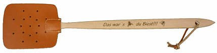Fliegenklatsche, Lederklatsche mit Holzgriff, Spruch: Das War's du Biest!!!