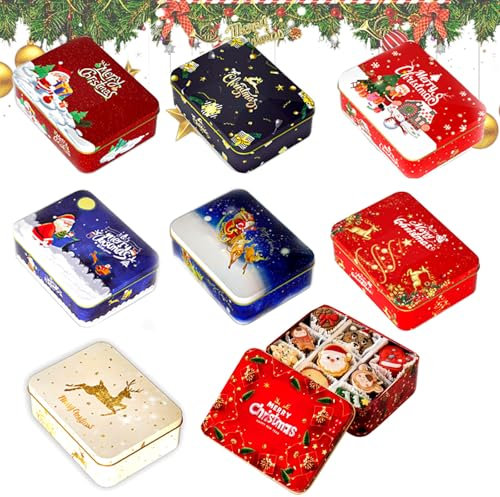 8 Stück Blechdose für Weihnachtsplätzchen, rechteckig, leer, aus Metall, Bonbondose, rechteckig, 12 x 9 x 4 cm, Metalldosen für Süßigkeiten, Tee, Kaffee, Kekse, Geschenke