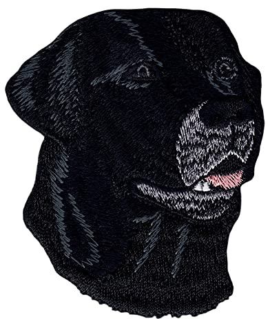 Labrador Kopf Hund Schwarz Aufnäher zum aufbügeln oder aufnähen Bügelbild Aufbügler für Kleidung gestickter Bügelpatch Applikation Retriever Patch Größe 6,5 x 7,8 cm