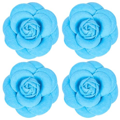 CREATCABIN 4 Stück Kamelien Blumenbrosche Anstecknadel Mit Kristallperlen Stoffblume Anstecknadel Kleid Anzug Handgefertigtes Zubehör Wichtiges Zubehör Für Frauen Geschenk Valentinstag Blau 6.8x6.8cm
