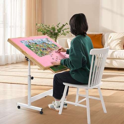 Ynredee Wooden Jigsaw Puzzle Table for Adults,Jigsaw Puzzle Storage Folding Tilting Table with Height Adjustment & Wheels,Portable Board for Games,Gift for Puzzle Amateu (Pink,1500 Pcs with 2 Drawer)