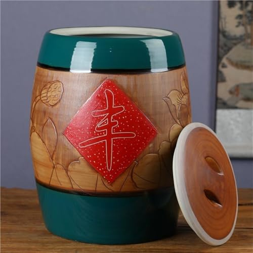 Ceramic Rice Jar Chinese Sealed Ceramic Rice Bucket Ceramic Storage Containers with Lids Grain Rice Bucket Food Dispensers for Rice Soybeans Corn Flour(Small)