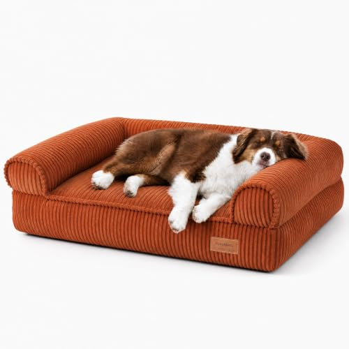 FUKUMARU Hundebett für große Hunde, Flauschiges & Hundesofa mit wasserabweisender TPU-Schicht, Cordstoff, Waschbar und rutschfest, Abnehmbarer Reißverschlussbezug, 93 x 63 x 22 cm, Orange