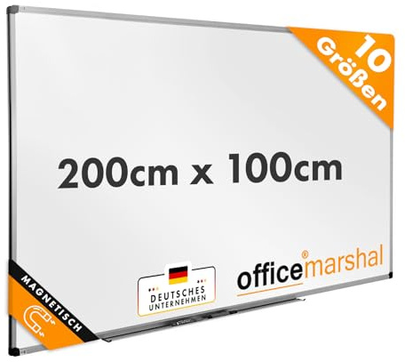 OfficeMarshal Lavagna Bianca Magnetica 200x100cm con Cornice in Alluminio e Porta Penne Rimovibile per Ufficio, Casa e Scuola, Magnetboard Resistente ai Graffi e Cancellabile a Secco