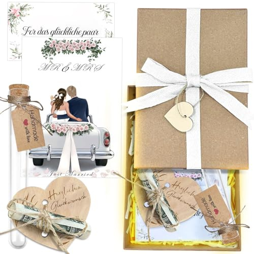 Hochzeitsgeschenk Geld, 11 Stück Hochzeitskarte Geldgeschenk Set, Hochzeitsgeschenke für Brautpaar, Geschenk Hochzeit mit Grußkarte, Holzherz, Band, Bast, Satinband, Reagenzglas, Geschenkbox