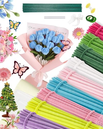 450 Stück Pfeifenreiniger Blumen Set (Pfeifenreiniger 9 Farben), Pfeifenputzer zum Basteln Blumen, Pipe Cleaner Flower Set, Pfeifenputzer zum Basteln Blumen