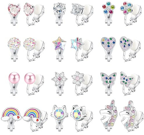 DOINEUFL Clip On Earrings for Girls, Kids Magnetic Earrings for Girls, Childrens Clip-On Hoop Stud Earrings, Girl Women Silver Hypoallergenic Non Piercing Earrings, 12 Pairs Jewelry Dress Up Set