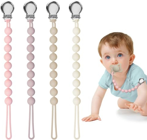 Pacifier Clips for Baby Girl Boy, Silicone Binky Holder for MAM Pacifiers, Baby Newborn Essentials Shower Birthday Gift (4-Pack)