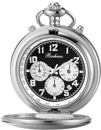 BOSHIYA Orologio da tasca multifunzione con cronometro, calendario, argento, oro, nero, con cinturino, Multifunzionale argento luminoso 203