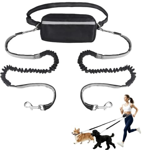 MIOYOOW Dubbelt hundkoppel, elastiskt band för husdjur, justerbart bälte med bältesväska, draglina med 360° rotation för sport, jogging och promenader