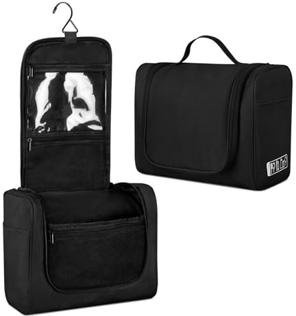 FITDON Large Hanging Toiletry Bag Travel Wash Bag, Portable Makeup Bag Organizer Waterproof Shaving Bag Gym Shower Bathroom Bag, Black