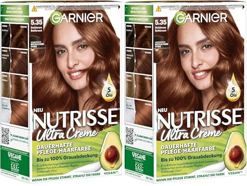 Garnier Nutrisse Dauerhafte Pflege-Haarfarbe mit nährenden Fruchtölen, Coloration mit 8 Wochen Halt, Ultra Crème Tönung, 5.35 Goldend. Rehbraun (Paquete de 2)