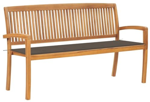 Frdhee Panca da giardino, panca da birra, panca da giardino impilabile con cuscino, 159 cm, in legno massello teak, per terrazze, balconi, esterni, robusta