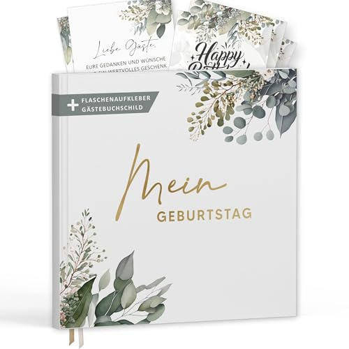 Trendanchor Gästebuch Geburtstag Eukalyptus mit Goldprägung – Erinnerungsbuch ohne Fragen – Geburtstag Deko & Geschenk – inkl. Flaschenetiketten & Schild (Gästebuch Geburtstag/Eukalyptus, 21x21cm)