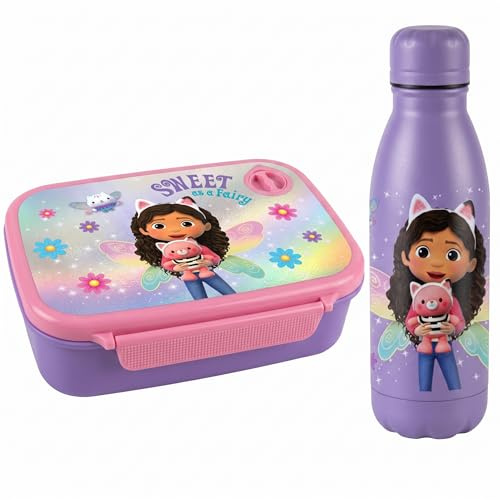 Diakakis Gabby's Dollhouse - Juego de lonchera y botella de agua de aluminio para niños, sin BPA, para niños y niñas, caja de sándwich de 800 ml y botella de bebidas de 500 ml para la escuela, viajes