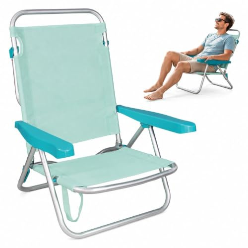 Silla de Camping Plegable - Reclinable en 4 Posiciones - Jardin, Piscina, Playa, Terraza - Aluminio - Asas para Transportar Fácilmente - 22 cm Altura Asiento - Tejido Textileno Transpirable (Azul)