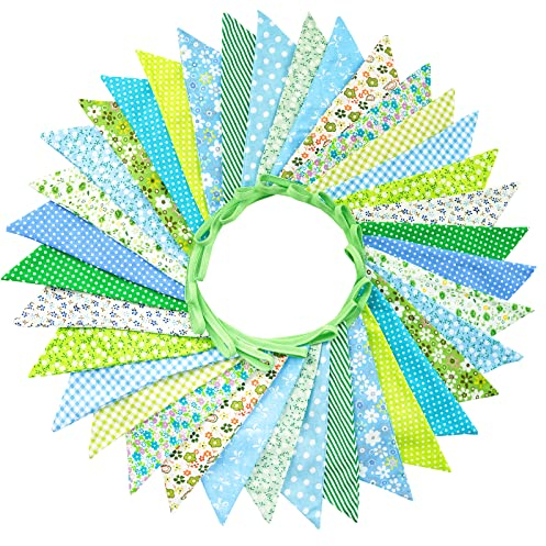 G2PLUS 36PCS Double Sided Fabric Bunting, 10M Green Floral Cotton Banner, 17x19CM Large Triangle Garland Reusable for Indoor and Outdoor Party Decoration