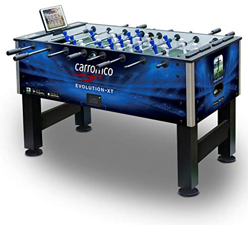 Carromco Kickertisch Evolution-XT | Profi Tischkicker mit App-Funktion | PROFI-TISCHFUSSBALL: Blauer Kicker (60kg) für Fortgeschrittene. Inkl. Tablet-Halter, interaktiver App & 2 Kickerbällen